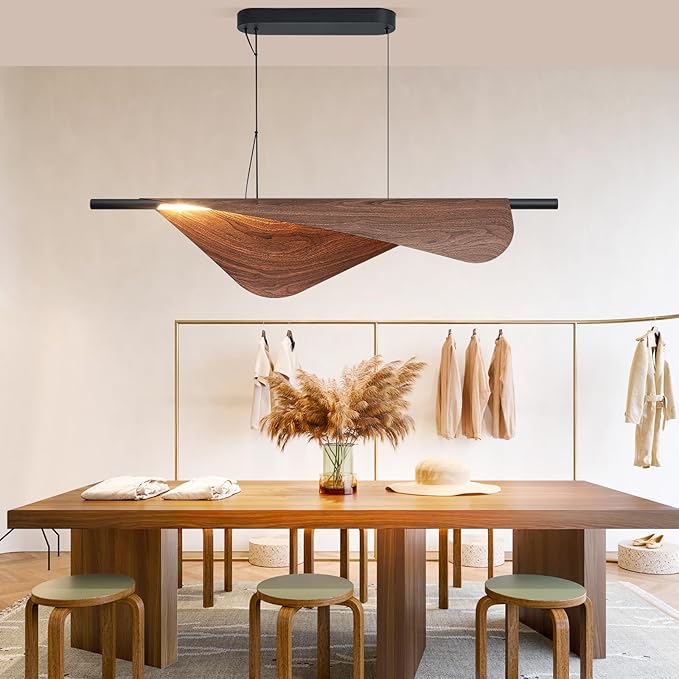 Walnut Pendant Lights 47.2In Dimmable Wood Grain Linear Chandeliers Over Table for Dining Room Kitchen Island