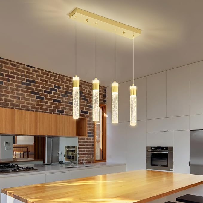 4-Light Crystal Column Chandelier Crystal Pendant Light Kitchen Island Modern Dimmable LED Ceiling Light for Dinning Room Living Room 32W Gold