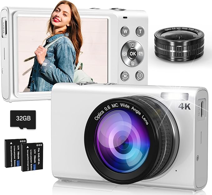 Digital Camera, 4K 64MP Digital Camera with Wide Angle Lens, Autofocus 16X Digital Zoom YouTube Compact Point Shoot Vlogging Camera with 32GB Card, 2 Batteries, for Beginners/Adults(White)