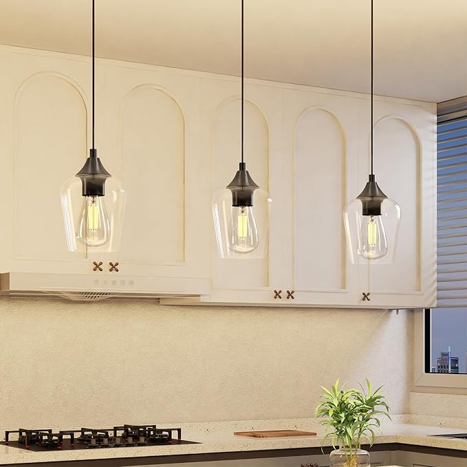 VONLUCE Pendant Light Kitchen Island, Matte Black Pendant Light Fixture with E26 Base & Adjustable Cable, Modern Pendant Lighting with Glass Shade for Living Room Bedroom Hallway