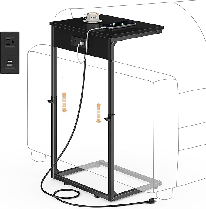 Vagusicc C Shaped End Table with Charging Station, Adjustable Height Side Table for Couch,Small Side Table Small Spaces, 33.2'' Tall Couch Tables that Slide Under, Tv Tray Table for Living Room, Black
