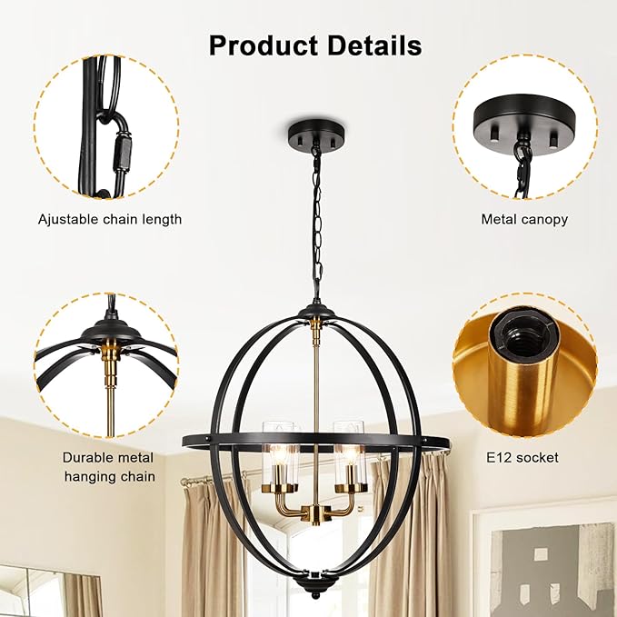 Treekee 4-Light Black Orb Chandelier, 20" Black and Gold Globe Pendant Light, Adjustable Hanging Ceiling Light Fixtures, Industrial Ceiling Chandelier Light for Kitchen, Dining Room, Foyer