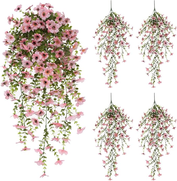 EROCK Artificial Flowers for Outdoors, 4PCS Fake Silk Hanging Flowers for Decoration UV & Fading Resistant, Realistic Faux Plants & Flowers for Porch Patio Balcony Window Box Home Decor (Pink)