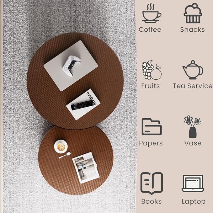 Nesting Coffee Table Set of 2 Modern Round Coffee Table with Hidden Storage Round Side Table Drum Accent End Tables for Living Room, Bedroom (Brown)