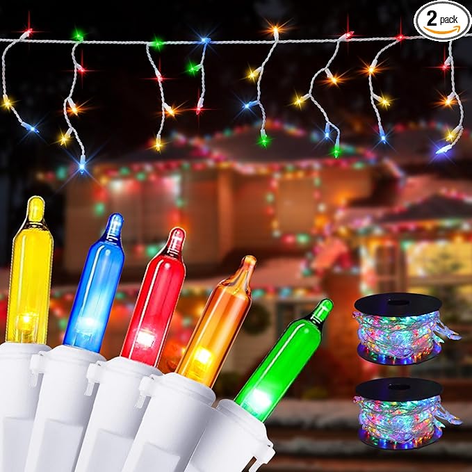 New One Multicolor Icicle Lights with 2 Cord Reels, 2 Pack Totalling 93.4FT, 240 Drops 500 LED Connectable Christmas String Lights with White Wire, Holiday Party (46.7 FT 250 LED 120 Drops for 1 Pack)