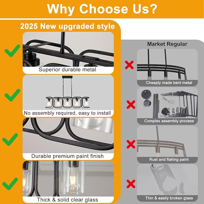 40" Dining Room Light Fixture/Chandelier Over Table, 5-Light Black Kitchen Island Lighting with Clear Glass Shade Farmhouse Linear Hanging Pendant Lights Fixture for Kitchen Island Dining Room‌ Bar