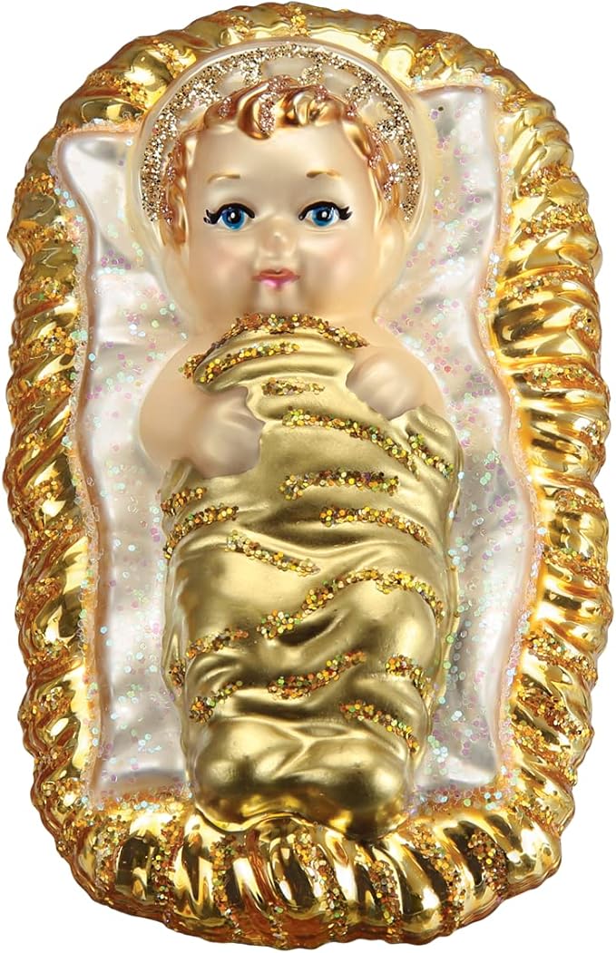 Old World Christmas Baby Jesus in Manger Glass Blown Ornament for Christmas Tree, Handcrafted Holiday Decoration, Religion Collection