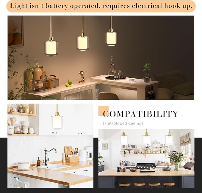 Pendant Light Kitchen Island Lighting 2 Pcs, Height Adjuatable Rod Clear Dual Glass - with 3 Color Temperatures Bulb & Remote Control, Farmhouse Hanging Lighting Fixture for Dining Room Bedroom