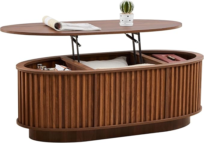 Oval Lift Top Coffee Table, 43.3'' Fluted Coffee Table with Hidden Storage Compartment, Mid Century Modern Dining Table Wooden Center Table for Living Room, Office, Small Spaces (Walnut)