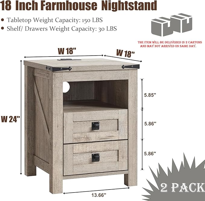 T4TREAM Farmhouse Nightstand Set of 2 with Charging Station, Rustic End Table with 2 Drawers, Storage Open Shelf for Bedroom, Living Room, Wood Side Table, Light Rustic Oak