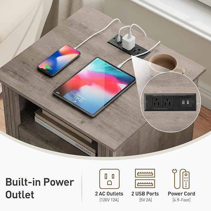 Farmhouse Nightstand Set of 2, Wooden Night Stand with Charging Station, LED Bedside Table with Drawers, Rustic Sofa Side Table, End Table for Bedroom, Living Room, Greige