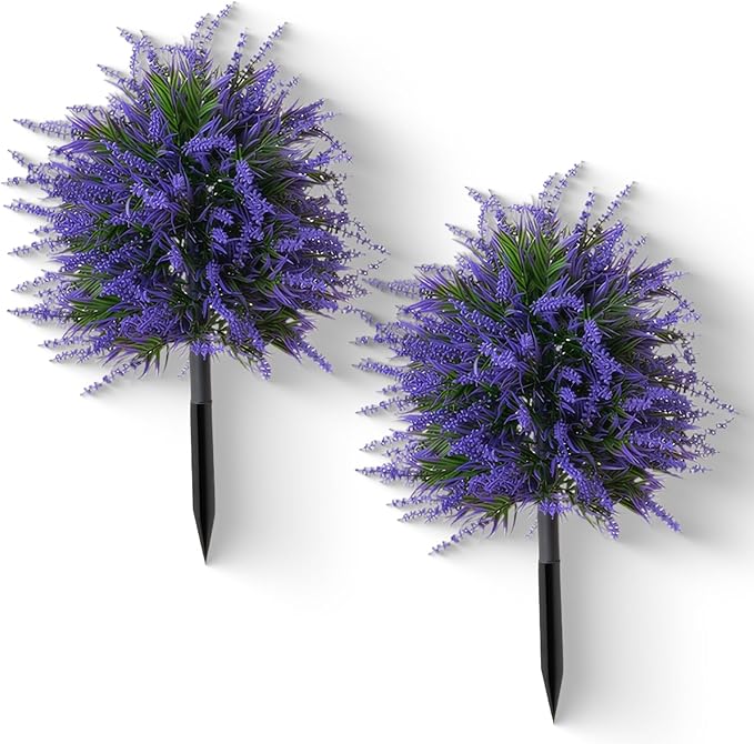 2Pcs 19.68" Artificial Boxwood Topiary Ball with Flowers Plants with Ground Spikes for Outdoor UV Resistant Realistic Fake Bushes Plants for Garden Yard Front Porch Patio Decor (Lavender)