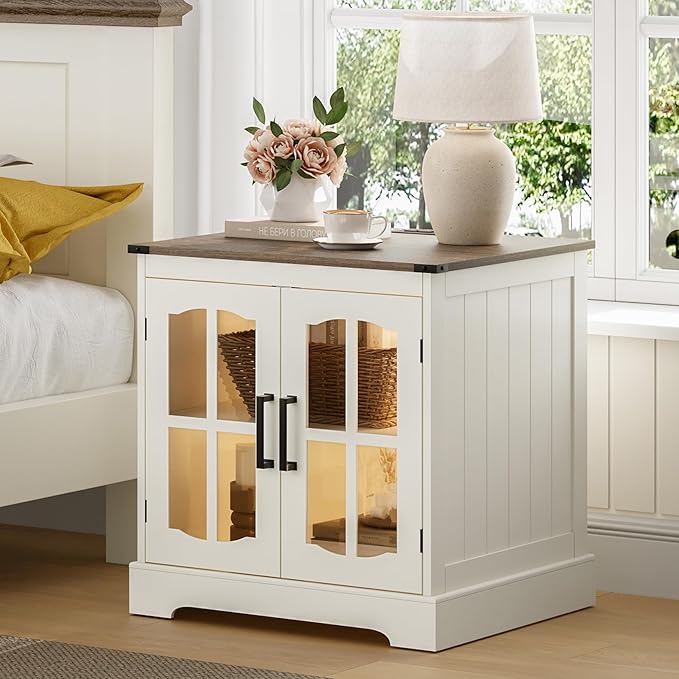 ChooChoo Farmhouse End Tables Set of 2, 24" Large Sofa Side Table with LED, Rustic Square Nightstand Set 2 with Glass Barn Door, Bedside Table with Storage for Living Room Beige（Cream and Brown