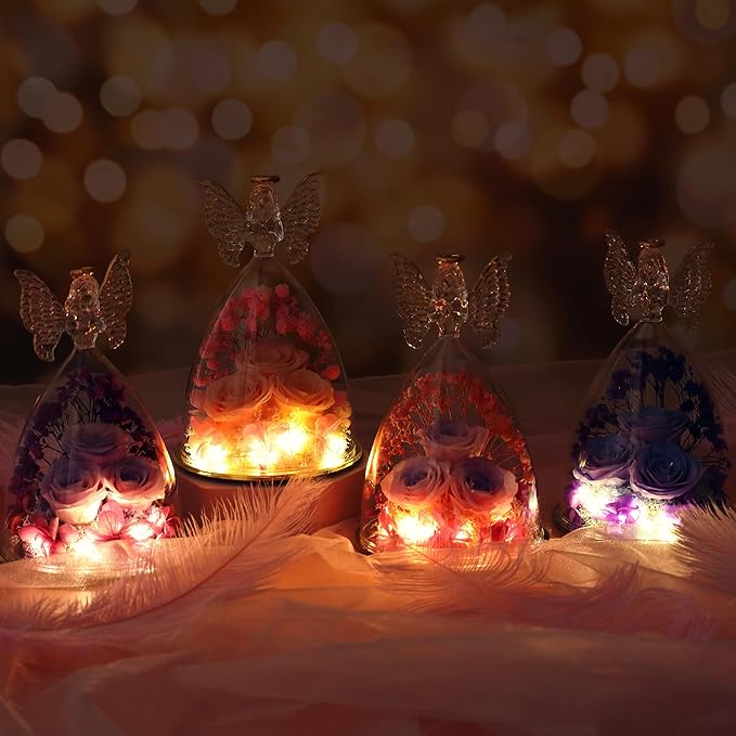 Christmas Rose Gifts for Women Preserved Real Flower in Glass Angel Figurines Roses for Delivery Prime Birthday Gifts for Mom Grandma Girlfriend Wife Her, Champagne