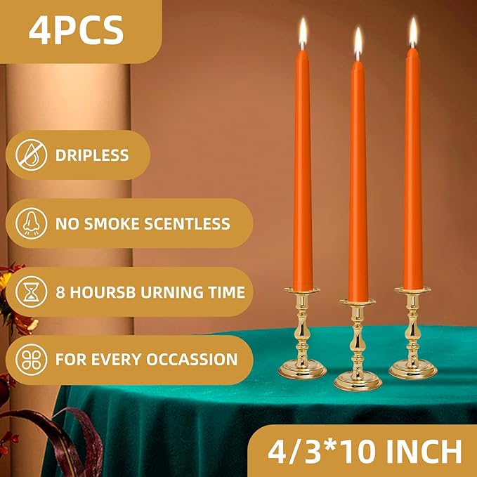 4 Pack Orange Taper Candles - Taper Candles 10 Inch Dripless, Smokeless & Unscented - 8 Hours Long Burning - Ideal for Weddings, Dinner Parties, and Home Decor