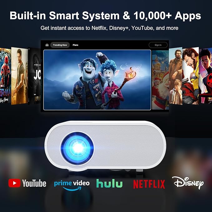 2500 ANSI Smart Projector, HOMPOW 4K Projector with WiFi and Bluetooth, Mini Projector, Built-in Streaming System, Projector with Apps, G.o.o.g.le Outdoor Projector, Home Projector for iOS/Android