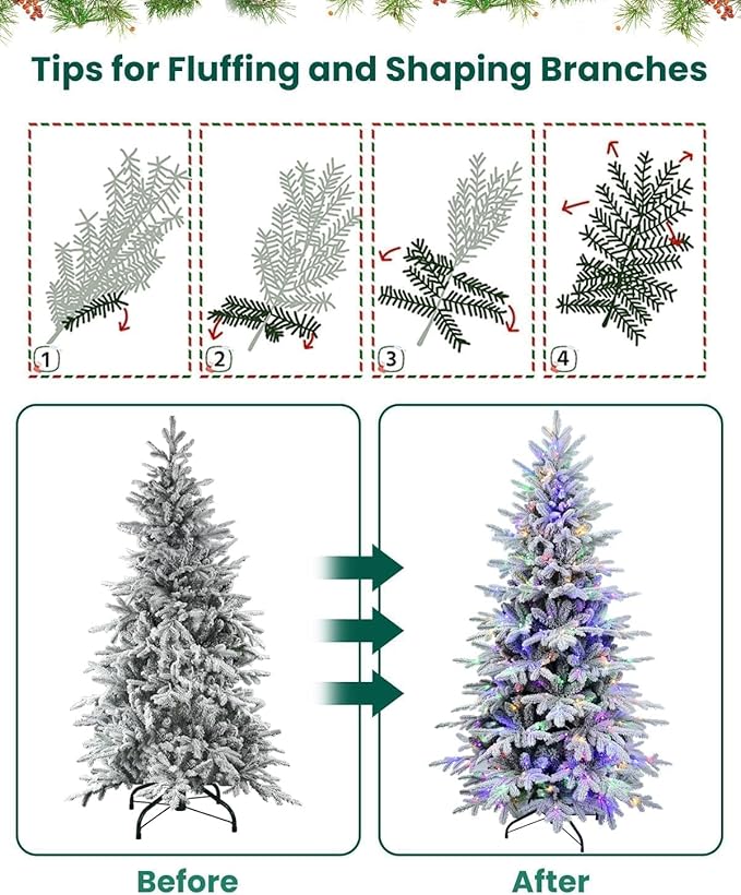 Flocked Christmas Tree Prelit 4ft | Leheyhey Small Christmas Tree with LED Lights, Memory Steel Wire Branch Simulation of Fir Tree, Foldable Metal Base, 739 PE & PVC Mixed Branch Tips