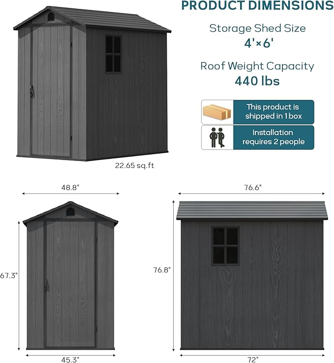 Greesum 4x6FT Plastic Storage Shed with Floor, Resin Outdoor Storaged Sheds with Lockable Door, All Weather Durable Tool Shed with Window and Vent, for Garden, Backyard, Patio, Dark Gray
