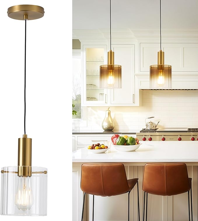 Gold Pendant Lights Kitchen Island - 1-Light Modern Mini Hanging Light Fixtures with Clear Glass - Kitchen Pendant Lighting Over Island for Sink, H3959-1-CLBG
