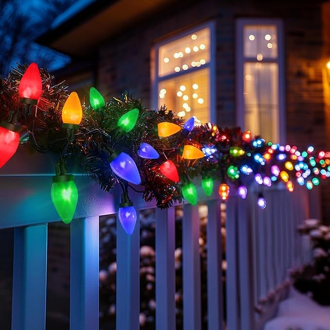 C7 60 LED Battery Operated Christmas Lights,Battery Powered Multicolor Waterproof Bulbs,21.3 FT 8 Modes with Auto On/Off Time for Xmas Tree Garden Patio Indoor Outdoor Christmas Decorations