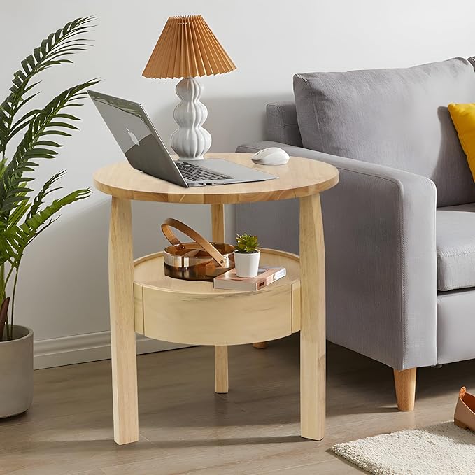 Round Coffee Table with Storage and Hidden Drawer - 20" D x 20" H Natural Wood Side Table with Sliding Drawer, Mid Century Modern Coffee Table, Small Coffee Table for Living Room, Natural Wood Color