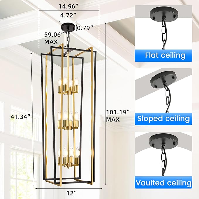 WJShome Stylish 12-Light Tiered Lantern Pendant Light Fixtures - Majestic Large Foyer Chandeliers for High Ceilings, Black & Gold Long Chandeliers Perfect for Your Farmhouse Entryway!