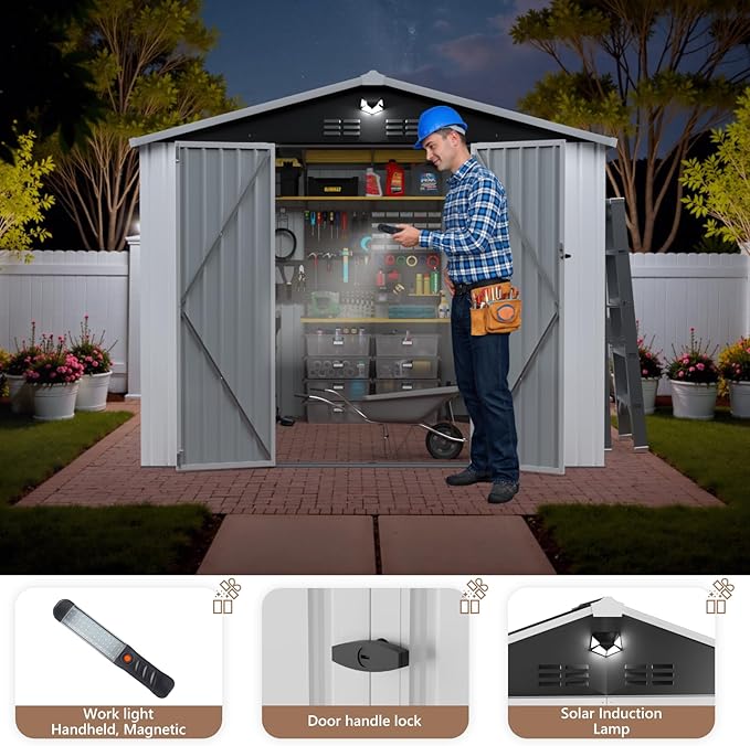 10x8 FT Outdoor Storage Shed, Metal Sheds & Outdoor Storage, Waterproof Sheds with Lockable Doors for Backyard (White, No Window)