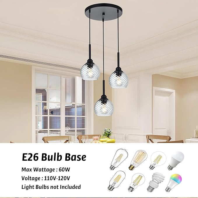3 Light Black Cluster Pendant Light with Striped Swirl Globe Glass Pendant Lighting for Kitchen Island, Modern Dining Room Light Fixtures Over Table Hanging Ceiling Light, E26 Base