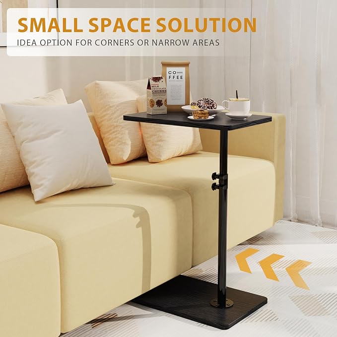 TV Tray Table, Adjustable C Shaped Side Table for Couch, 360°Swivel Couch Side Table C Table That Slide Under Couch Desk for Small Space Sofa Bed Snack Living Room Bedroom (Black)