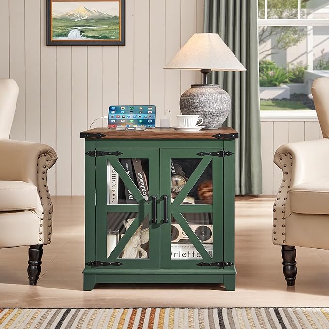 Farmhouse End Table, 24" Large Sofa Side Table with Charging Station Glass Barn Door, Wood Nightstand with Adjustable Storage Shelf, Square Bedside Table for Living Room, Bedroom, Office-Green