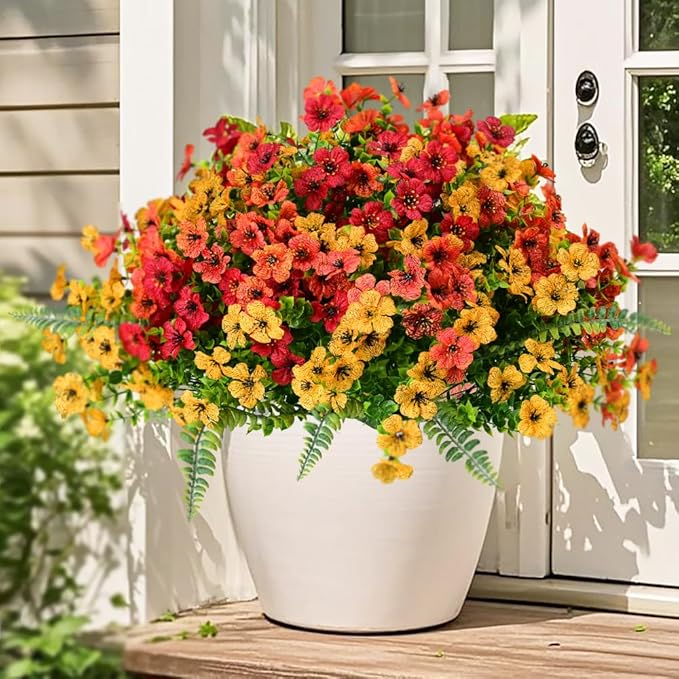Artificial Fake Flowers Plants for Outdoor,18 Bundles Faux Plants Outside No Fade Plastic UV Resistant for Front Door Porch Patio Balcony Garden Yard Decorations