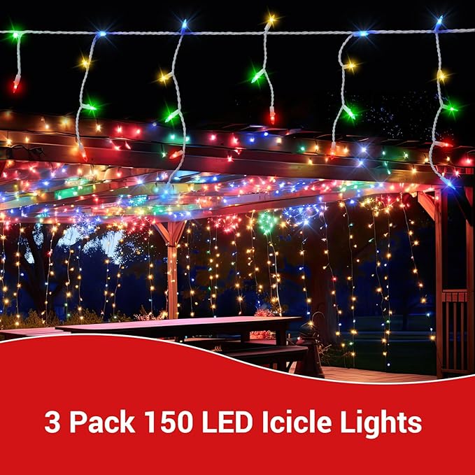 New One Icicle Lights Outside 3 Pack, 20.2 FT 150 LEDs Multicolor Christmas Outdoor With White Wire, Connectable String With 39 Drops, Holiday Wedding Party Indoor