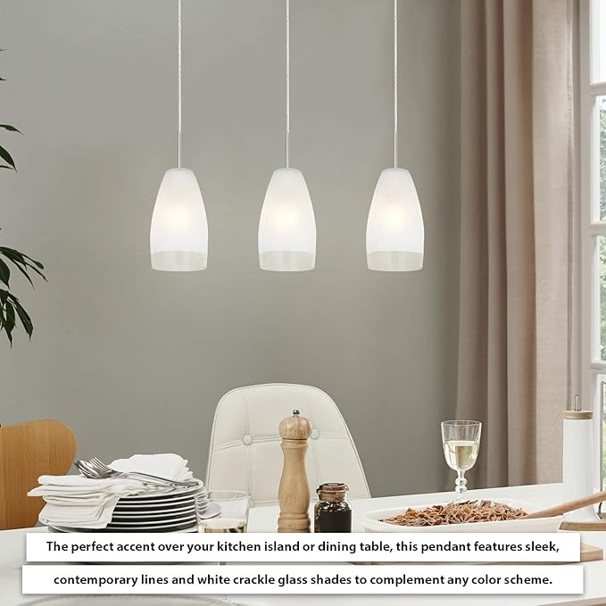 EGLO Crash 3-Light Pendant Hanging Lighting Fixture with Crackle Glass Shades for Kitchen Island, Hallway, and Dining Room, 59-Inch, Matte Nickel