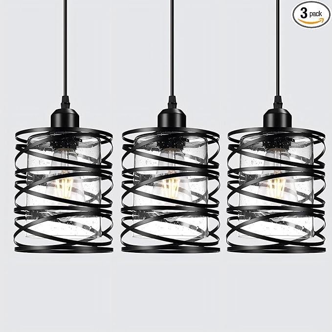 Pendant Lights 3 Pack Kitchen Lights with Bubble Seeded Glass Island Lights Black Hanging Light for Kitchen, Dining Room, Bathroom, Entryway, Restaurant