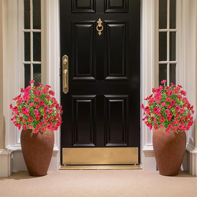 2Pcs 21" Artificial Boxwood Topiary Ball with Flowers Plants with Ground Spikes for Outdoor UV Resistant Realistic Fake Bushes Plants for Garden Yard Front Porch Patio Decor (Violet Rose red)