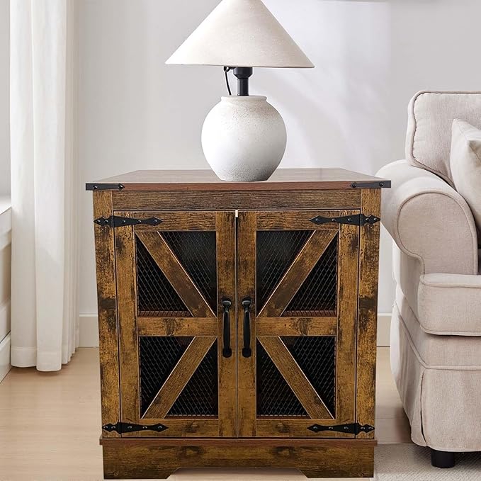 21.1" Farmhouse End Table Set of 2 with Charging Station and Mesh Barn Door, Rustic Wood Nightstand with Storage Shelf for Living Room & Bedroom, Brown