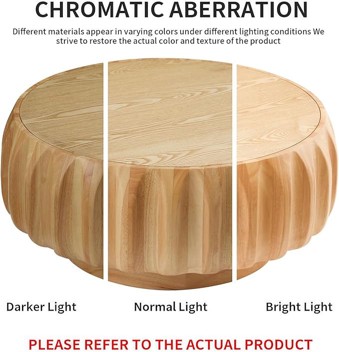 LKTART 31.5" Round Coffee Table Drum Table Contemporary Wood Fluted Centry Table with Solid Wood Veneer for Living Room (Natural)