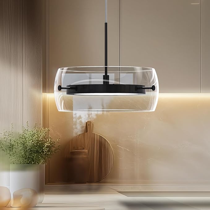 Pendant Lights Kitchen Island Dual-Sided LED Lighting, Adjustable Hanging Length,Clear Glass Shade, Dimmable, Modern Ceiling Light Fixture for Dining Room, Bar, Living Room, Matte Black