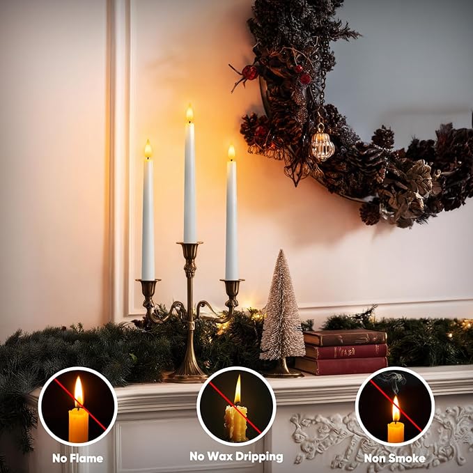 12 Pcs Flameless Taper Candles with Remote and Timer, 9.6 Inches Plastic LED Candlesticks, White Battery Operated Window Candles, for Home Wedding Christmas Party Decoration