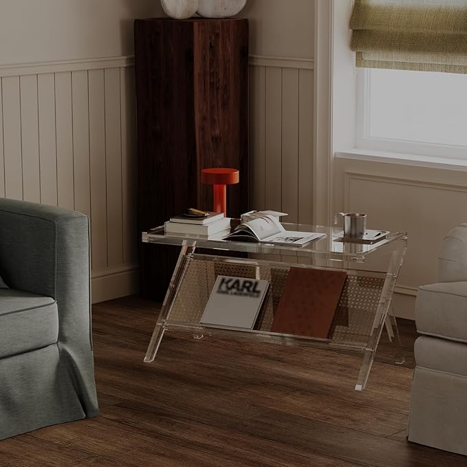 HMYHUM Acrylic Coffee Table for Living Room, Clear Unique Rattan Center Table, Rectangle Tea Table for Bedroom Office Reception Room, 31.5" L × 15.75" W × 17.72" H, Modern, Easy Assembly