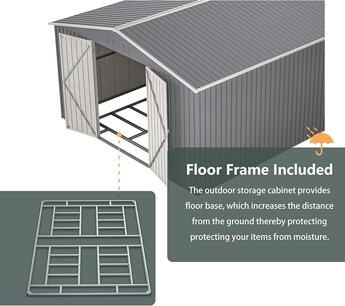 11x13 FT Outdoor Metal Storage Shed with Floor Frame, 140.5 sq.ft Heavy-Duty Garden Tool Shed with Double Doors, Waterproof Roof, All-Weather Steel Utility Shed for Backyard, Lawn, Patio