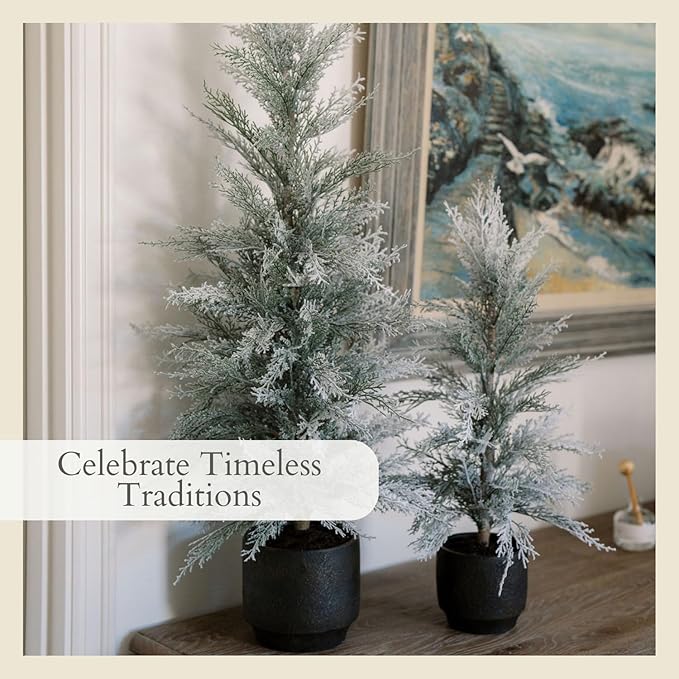 CG Hunter Holiday Collection, Set-of-1 Faux Flocked Cedar Tree, Premium Artificial Indoor Flocked Cedar Tree Stands 36" Tall in Pot–Perfect Christmas Decoration