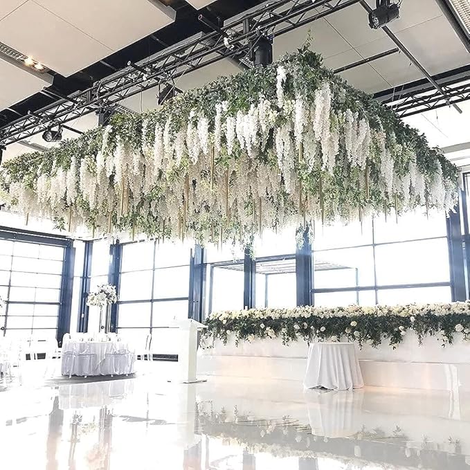 U'Artlines 48 Pack (Total 172.8 Feet) Artificial Fake Wisteria Vine Rattan Hanging Garland Silk Flowers String Home Party Wedding Decor (48, White)