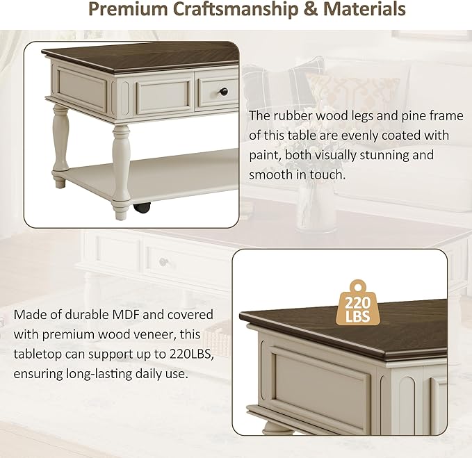 Polibi Coffee Table with Large Storage Drawer, Retro Movable Rectangular Cocktail Table with 4 Caster Wheels for Livingroom, Easy Assembly (Grey+White)