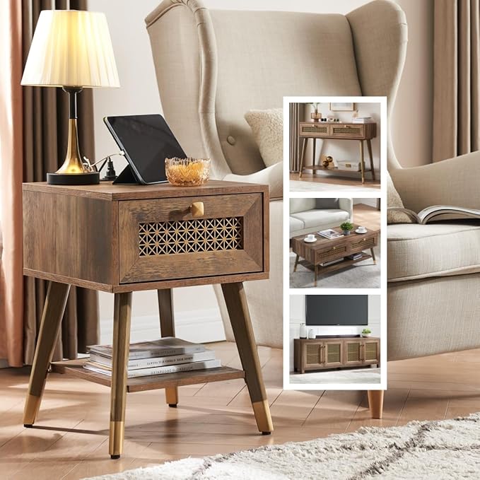 Mid Century Modern End Table, Rustic Oak Small Side Tables with Charging Station & Outlets and USB Ports, Wood Nightstand with Storage Drawer and Open Shelf for Living Room,Set of 2