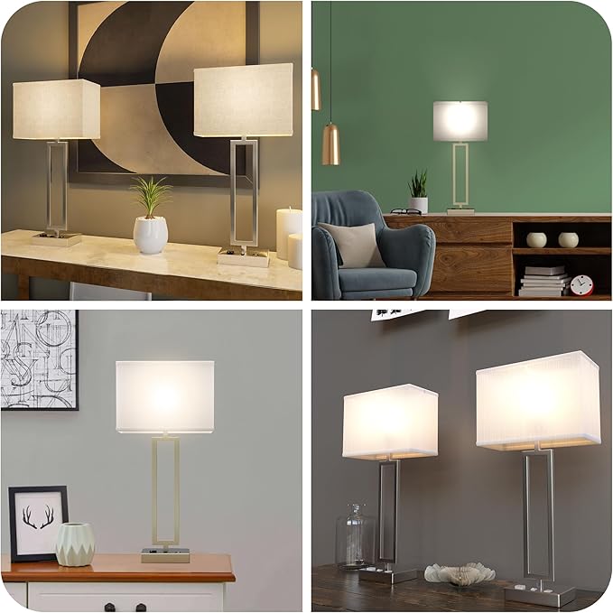 LEDMyPlace 28" Bedside Table Lamp w/ USB Port, On/Off Switch—E26 Lamp Holder—Brushed Nickel Finish & Fabric Linen Shade—Nightstand, Desk Lamp for Bedroom, Living Room, Office, Hotel Room—14"Wx28"Hx7"D