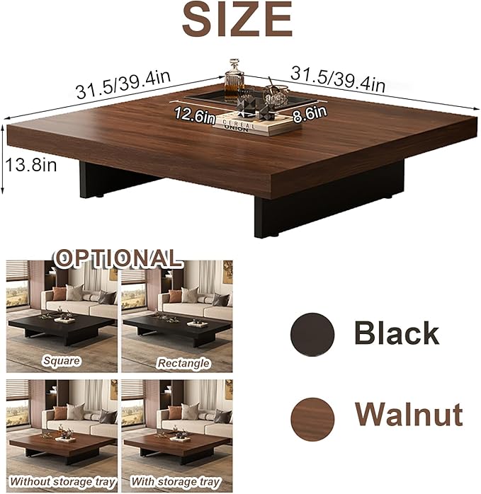 Modern Square Coffee Table for Living Room, Low Profile Wood Center Table with 2" Thick Tabletop & Optional Storage Tray, Sturdy Minimalist Design (31.5"/39.4" Black/Walnut)