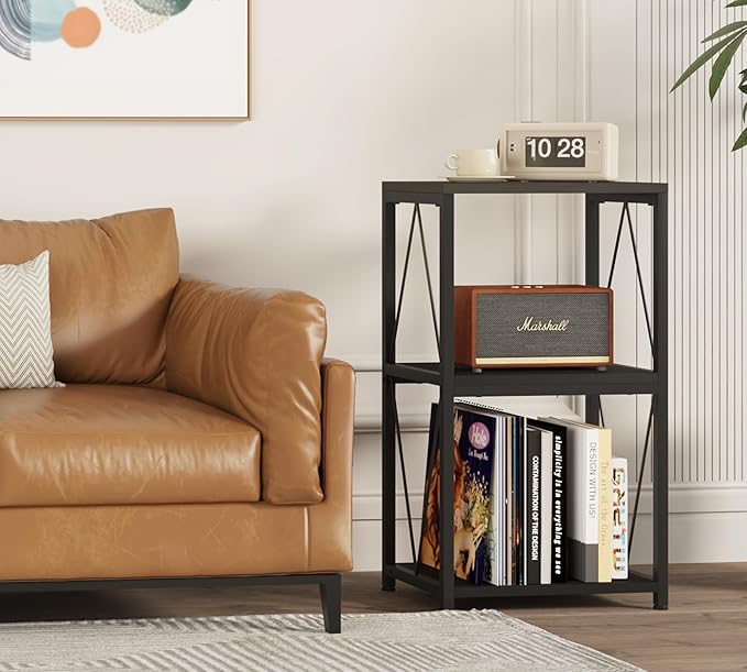 Y&M Record Player Stand, Turntable Stand with Vinyl Record Storage, 3-Tier Record Shelf Display Table for Album CD, Turntable Holder, End Table for Bedroom, Living Room, Office, Black