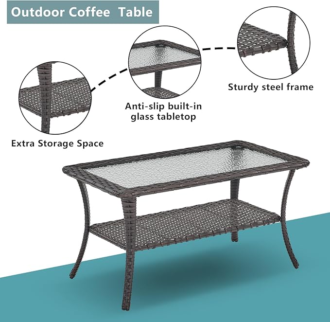 Rilyson Patio Tables Outdoor Coffee Table - Wicker Rattan Coffee Tables with 2-Tier Storage Shelf Glass Top for Outside Proch Deck Balcony Garden Rectangle Brown