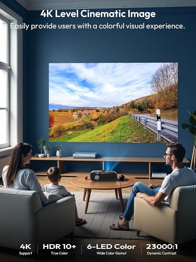 Smart Daylight Projector 2300 ANSI Lumen with WIFI6 Android TV & Auto Focus, 4K Support Home Theater Proyector Indoor Outdoor Movie Gaming Karaoke, Bluetooth 5.2 DSP Speaker Ceiling HDMI/USB/Phone/PC